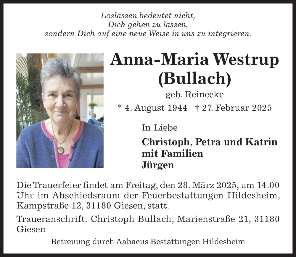  Traueranzeige für Anna-Maria Westrup vom 15.03.2025 aus Hildesheimer Allgemeine Zeitung