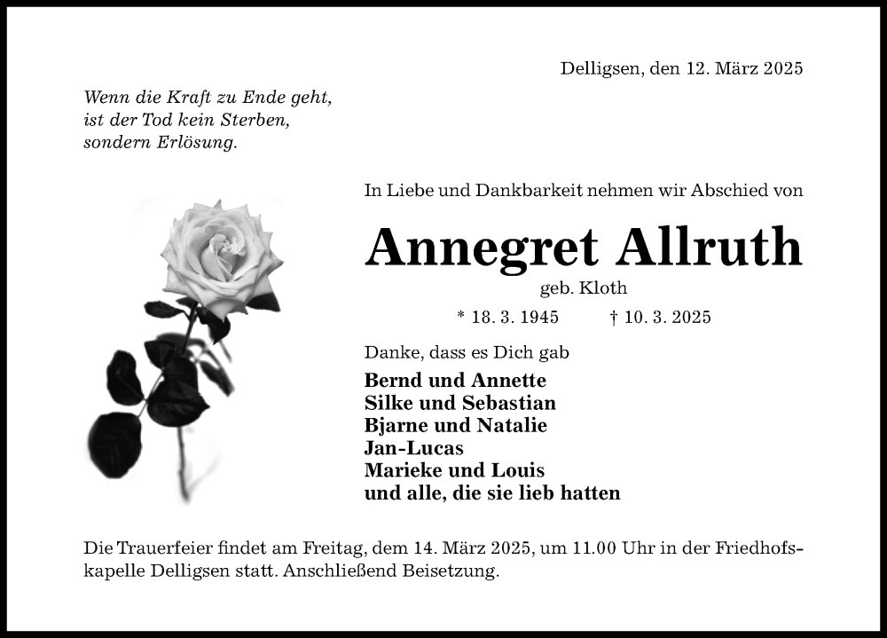  Traueranzeige für Annegret Allruth vom 12.03.2025 aus Hildesheimer Allgemeine Zeitung