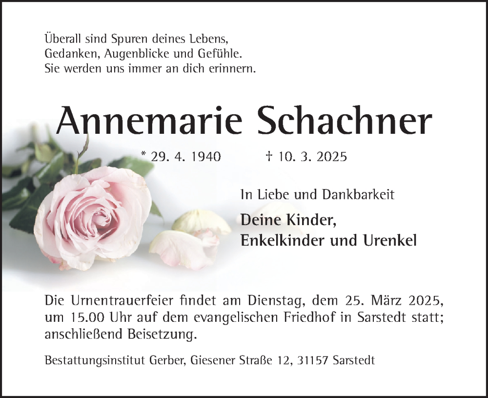  Traueranzeige für Annemarie Schachner vom 19.03.2025 aus Hildesheimer Allgemeine Zeitung