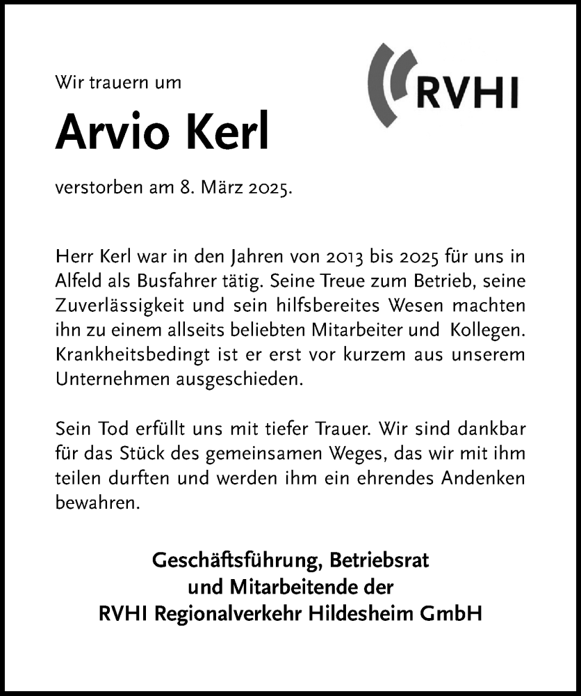  Traueranzeige für Arvio Kerl vom 26.03.2025 aus Hildesheimer Allgemeine Zeitung