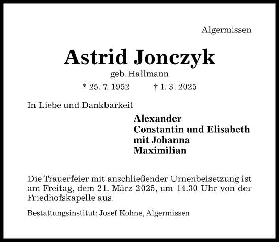 Traueranzeige von Astrid Jonczyk von Hildesheimer Allgemeine Zeitung