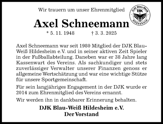 Traueranzeige von Axel Schneemann von Hildesheimer Allgemeine Zeitung