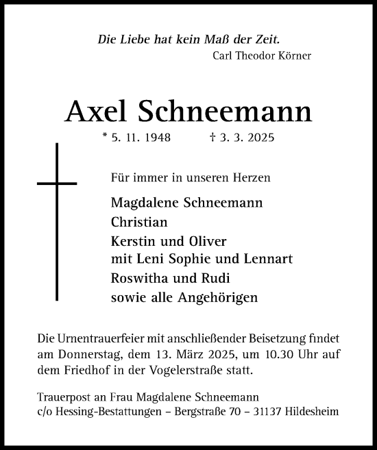 Traueranzeige von Axel Schneemann von Hildesheimer Allgemeine Zeitung