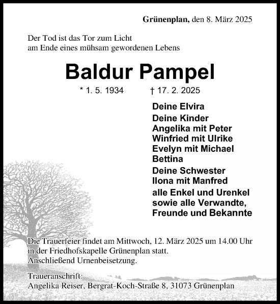 Traueranzeige von Baldur Pampel von Hildesheimer Allgemeine Zeitung
