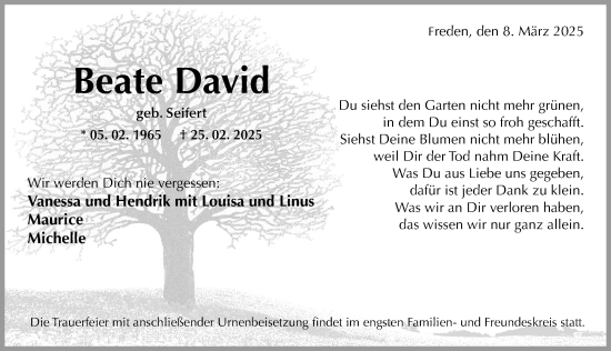 Traueranzeige von Beate David von Hildesheimer Allgemeine Zeitung