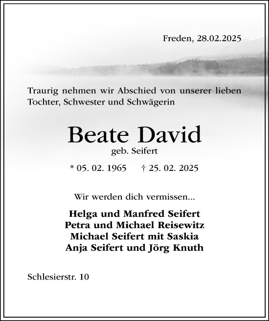 Traueranzeige von Beate David von Hildesheimer Allgemeine Zeitung