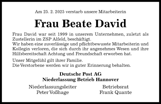 Traueranzeige von Beate David von Hildesheimer Allgemeine Zeitung