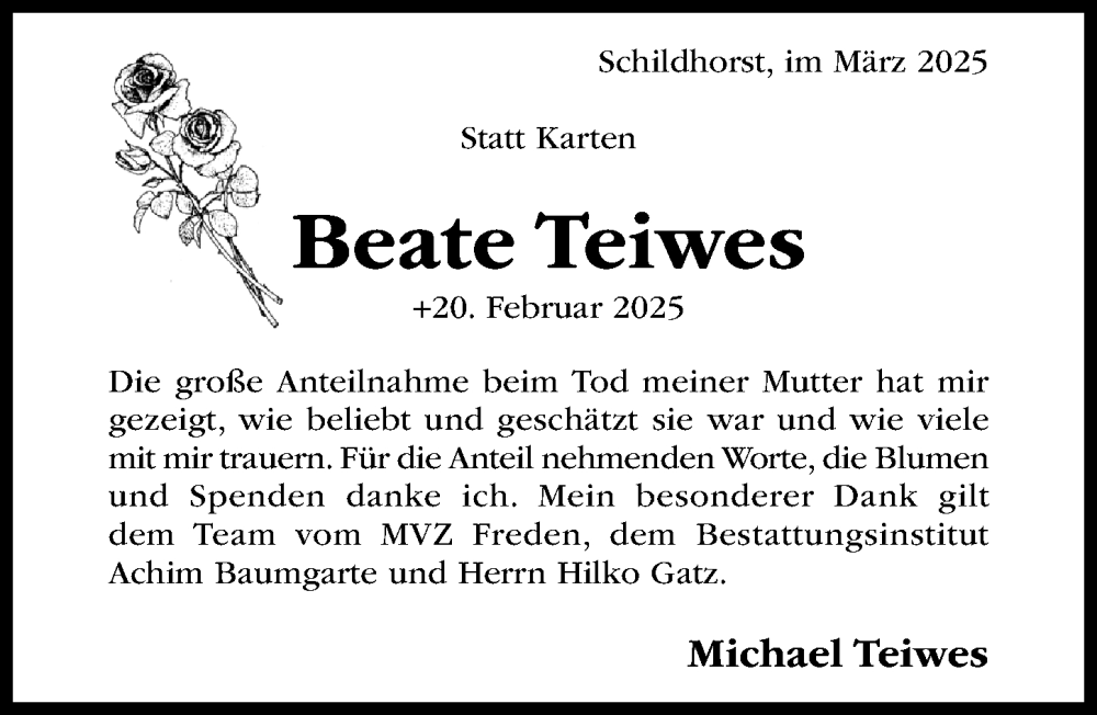  Traueranzeige für Beate Teiwes vom 22.03.2025 aus Hildesheimer Allgemeine Zeitung