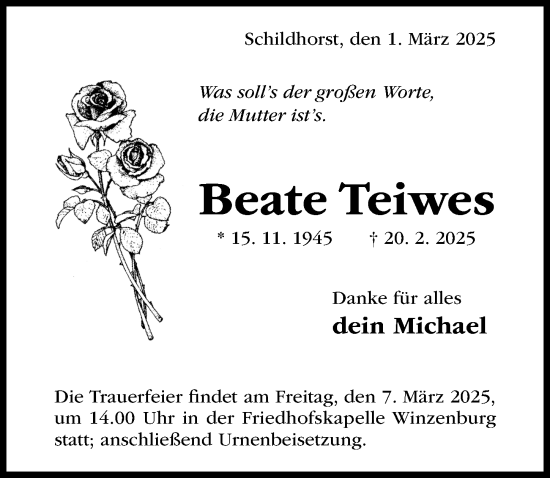 Traueranzeige von Beate Teiwes von Hildesheimer Allgemeine Zeitung