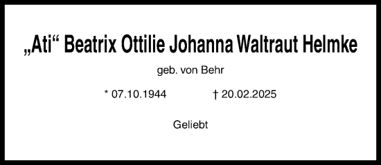Traueranzeige von Beatrix Ottilie Johanna Waltraut Helmke von Hildesheimer Allgemeine Zeitung