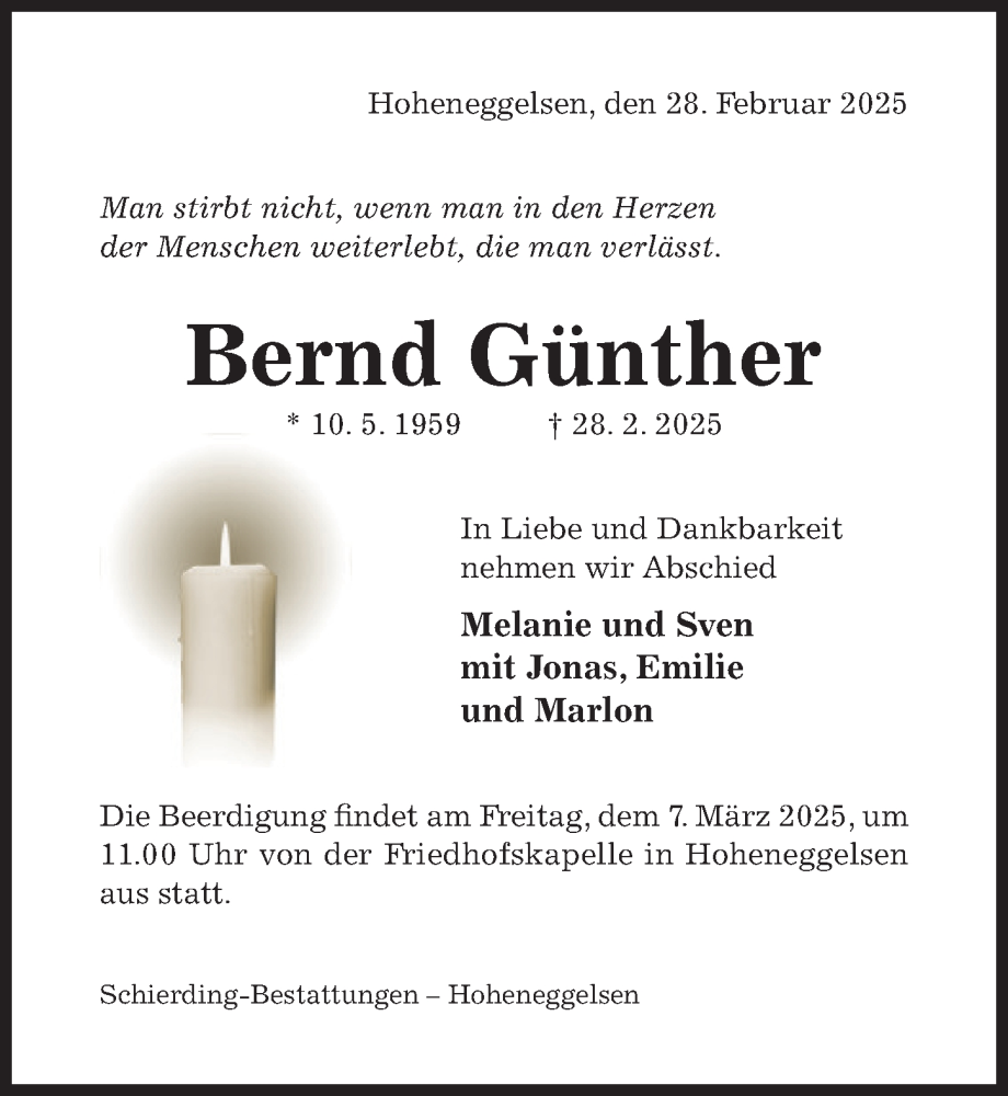  Traueranzeige für Bernd Günther vom 05.03.2025 aus Hildesheimer Allgemeine Zeitung