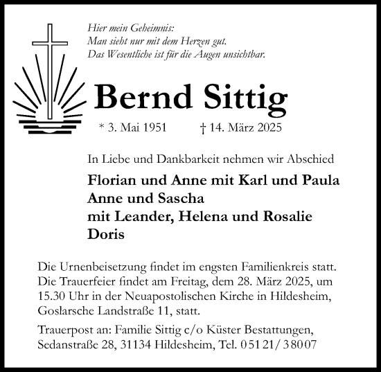 Traueranzeige von Bernd Sittig von Hildesheimer Allgemeine Zeitung