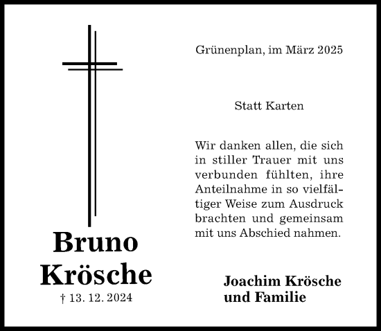 Traueranzeige von Bruno Krösche von Hildesheimer Allgemeine Zeitung