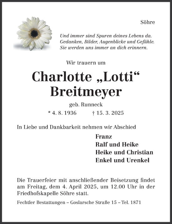 Traueranzeige von Charlotte  Breitmeyer von Hildesheimer Allgemeine Zeitung