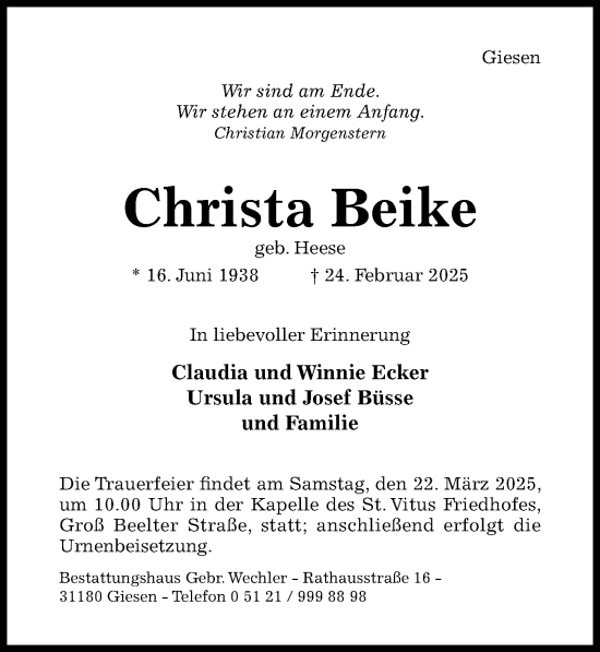 Traueranzeige von Christa Beike von Hildesheimer Allgemeine Zeitung