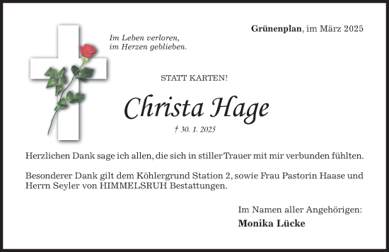 Traueranzeige von Christa Hage von Hildesheimer Allgemeine Zeitung