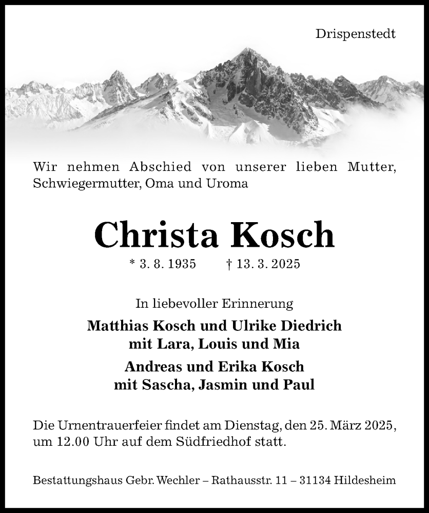  Traueranzeige für Christa Kosch vom 22.03.2025 aus Hildesheimer Allgemeine Zeitung