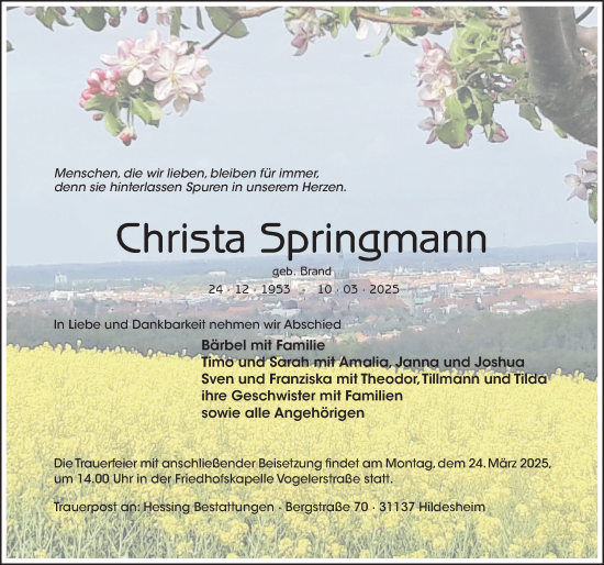 Traueranzeige von Christa Springmann von Hildesheimer Allgemeine Zeitung