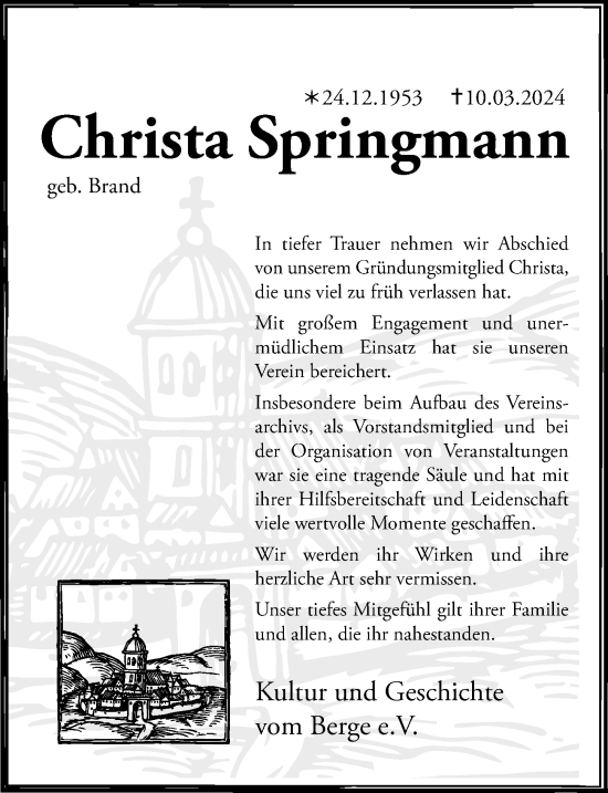 Traueranzeige von Christa Springmann von Hildesheimer Allgemeine Zeitung