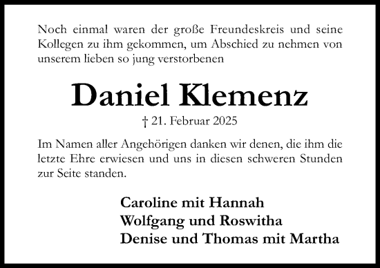 Traueranzeige von Daniel Klemenz von Hildesheimer Allgemeine Zeitung