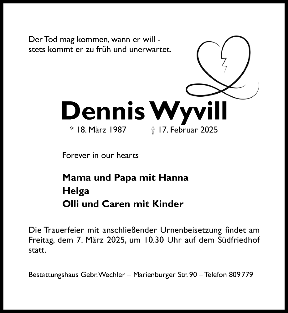  Traueranzeige für Dennis Wyvill vom 05.03.2025 aus Hildesheimer Allgemeine Zeitung