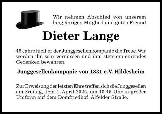 Traueranzeige von Dieter Lange von Hildesheimer Allgemeine Zeitung
