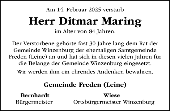 Traueranzeige von Ditmar Maring von Hildesheimer Allgemeine Zeitung