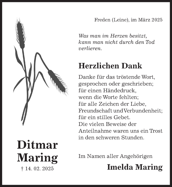 Traueranzeige von Ditmar Maring von Hildesheimer Allgemeine Zeitung