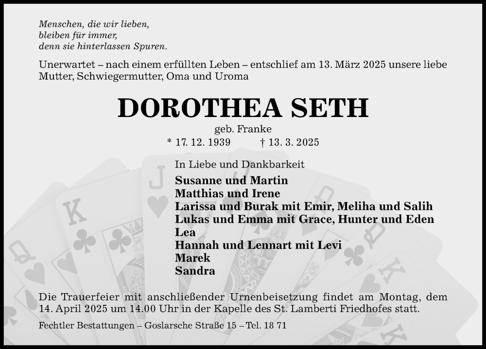  Traueranzeige für Dorothea Seth vom 29.03.2025 aus Hildesheimer Allgemeine Zeitung