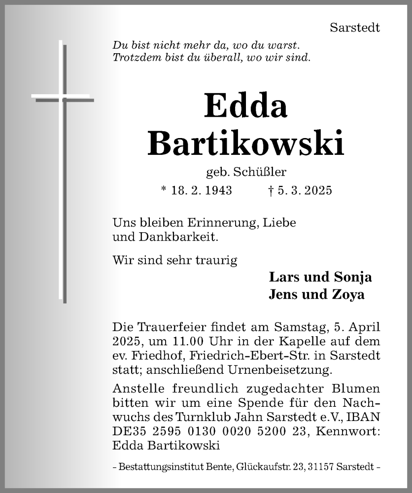  Traueranzeige für Edda Bartikowski vom 19.03.2025 aus Hildesheimer Allgemeine Zeitung