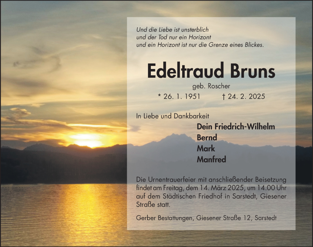  Traueranzeige für Edeltraud Bruns vom 01.03.2025 aus Hildesheimer Allgemeine Zeitung