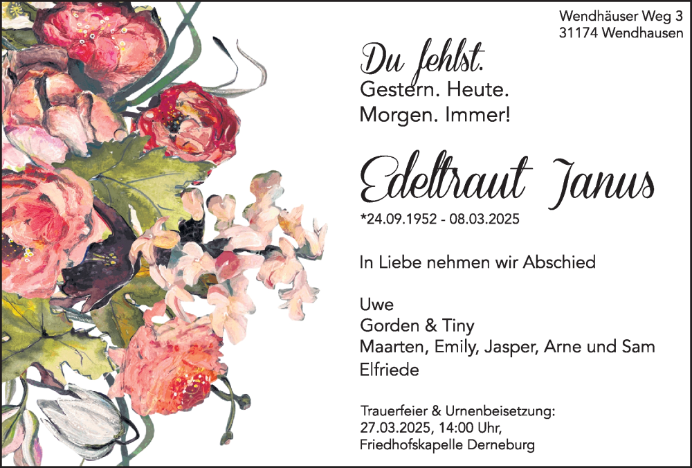  Traueranzeige für Edeltraut Janus vom 22.03.2025 aus Hildesheimer Allgemeine Zeitung