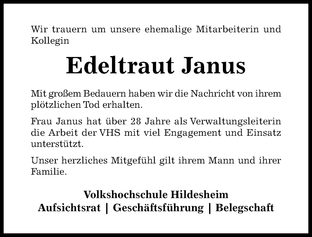  Traueranzeige für Edeltraut Janus vom 29.03.2025 aus Hildesheimer Allgemeine Zeitung