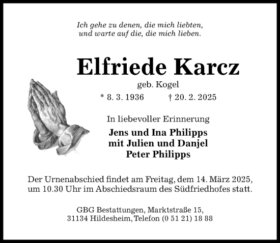 Traueranzeige von Elfriede Karcz von Hildesheimer Allgemeine Zeitung