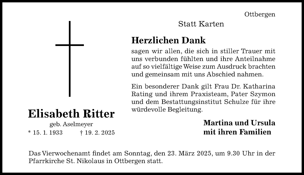  Traueranzeige für Elisabeth Ritter vom 22.03.2025 aus Hildesheimer Allgemeine Zeitung