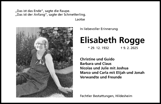 Traueranzeige von Elisabeth Rogge von Hildesheimer Allgemeine Zeitung