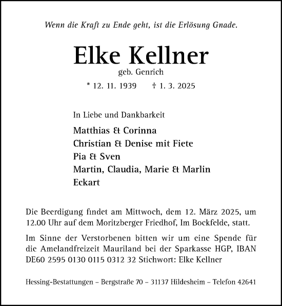 Traueranzeige von Elke Kellner von Hildesheimer Allgemeine Zeitung