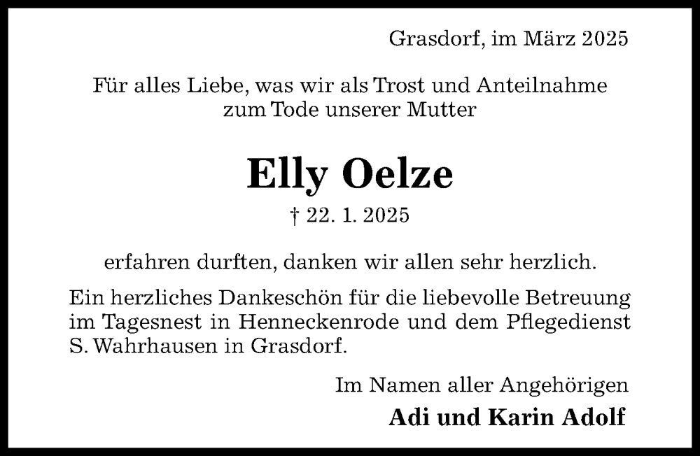  Traueranzeige für Elly Oelze vom 05.03.2025 aus Hildesheimer Allgemeine Zeitung