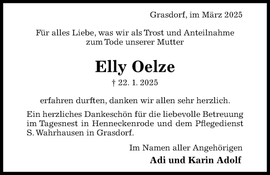 Traueranzeige von Elly Oelze von Hildesheimer Allgemeine Zeitung