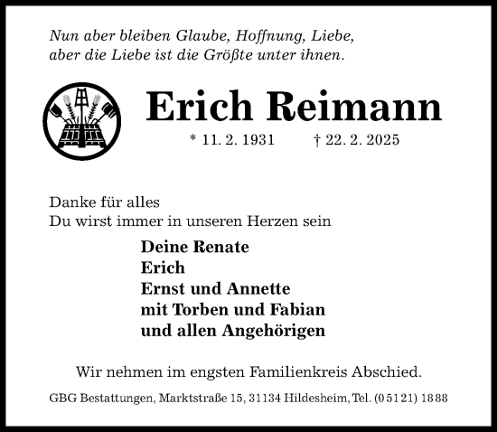 Traueranzeige von Erich Reimann von Hildesheimer Allgemeine Zeitung