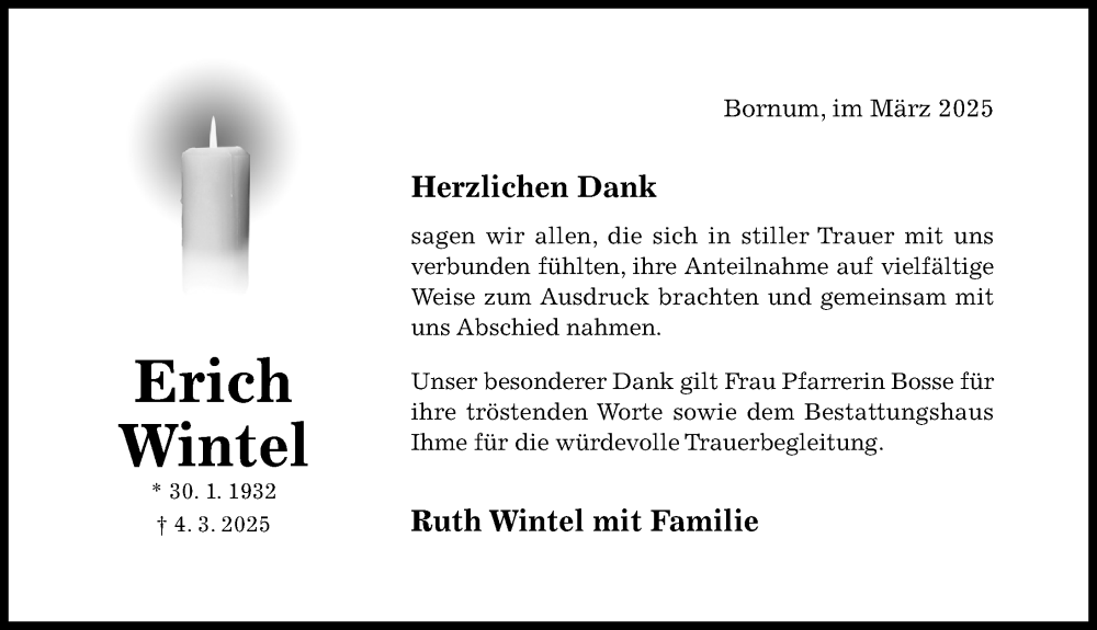  Traueranzeige für Erich Wintel vom 29.03.2025 aus Hildesheimer Allgemeine Zeitung