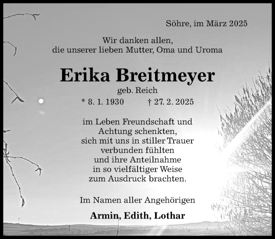 Traueranzeige von Erika Breitmeyer von Hildesheimer Allgemeine Zeitung