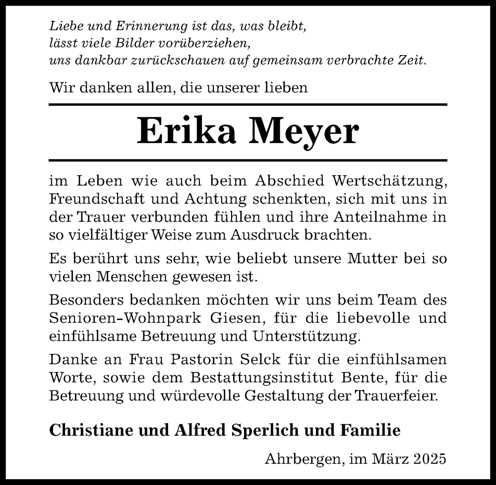  Traueranzeige für Erika Meyer vom 08.03.2025 aus Hildesheimer Allgemeine Zeitung