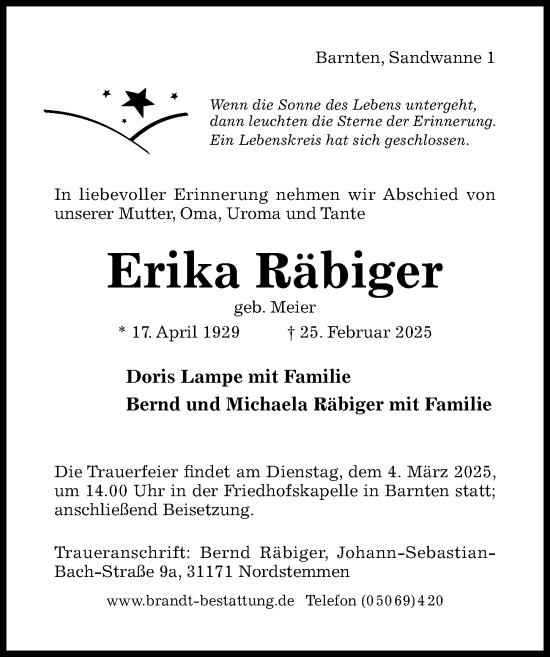 Traueranzeige von Erika Räbiger von Hildesheimer Allgemeine Zeitung