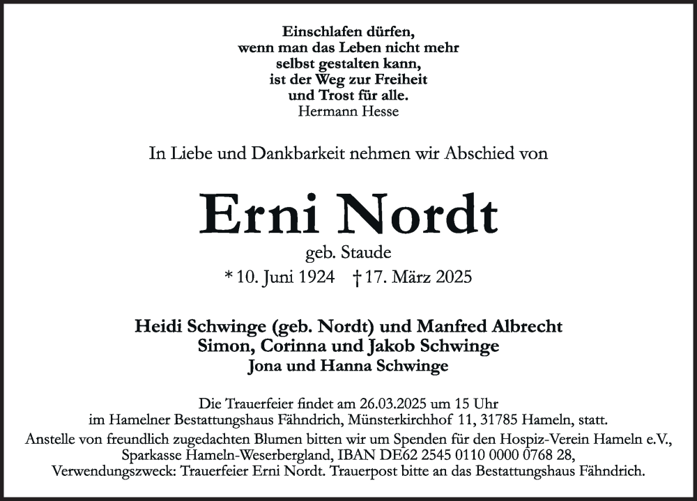  Traueranzeige für Erni Nordt vom 22.03.2025 aus Hildesheimer Allgemeine Zeitung