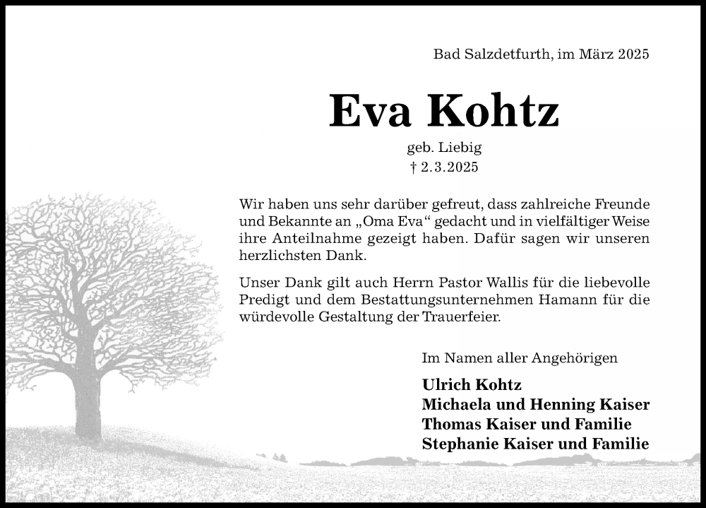  Traueranzeige für Eva Kohtz vom 19.03.2025 aus Hildesheimer Allgemeine Zeitung