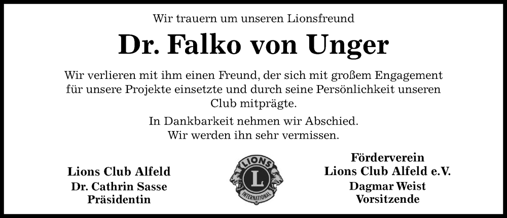  Traueranzeige für Falko Werner Friedrich von Unger vom 01.03.2025 aus Hildesheimer Allgemeine Zeitung