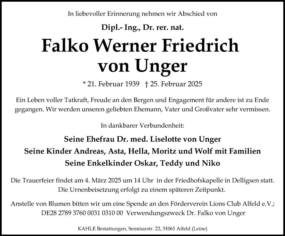  Traueranzeige für Falko Werner Friedrich von Unger vom 01.03.2025 aus Hildesheimer Allgemeine Zeitung