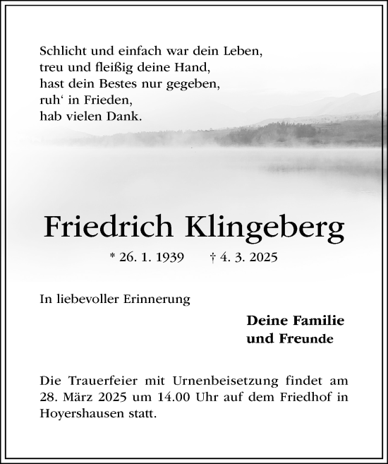 Traueranzeige von Friedrich Klingeberg von Hildesheimer Allgemeine Zeitung
