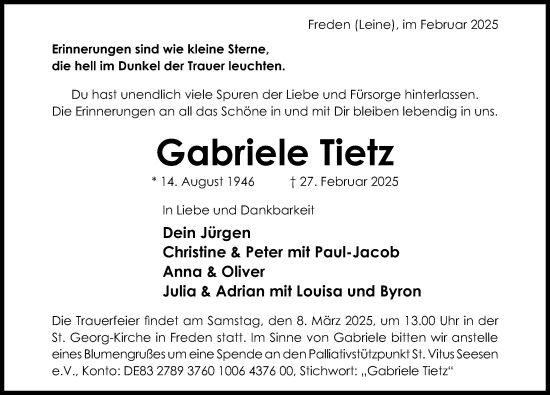 Traueranzeige von Gabriele Tietz von Hildesheimer Allgemeine Zeitung